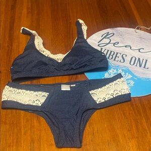 L ‘Space Denim and Cream Lace Bitsy Cut Bikini Set